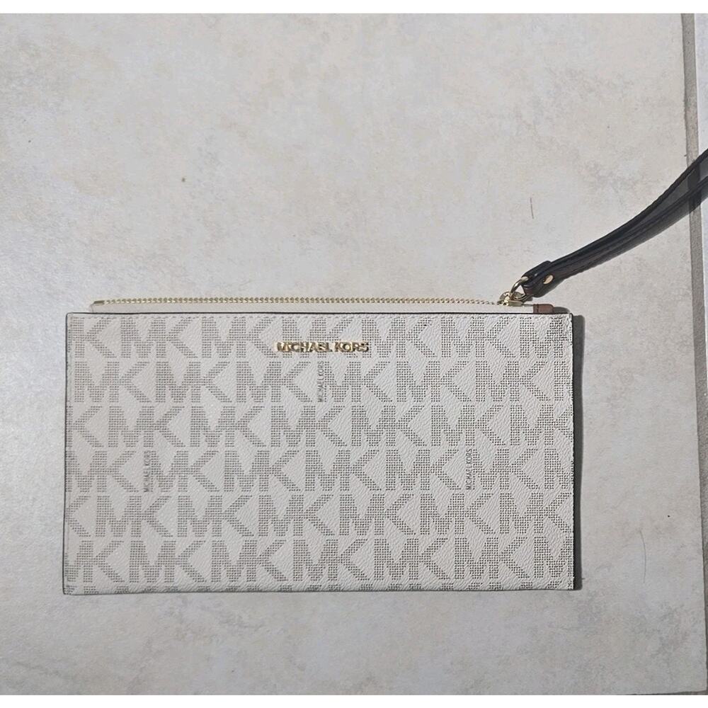 Michael Kors Ivory Logo Wristlet Wallet for Women with Zipper Accent